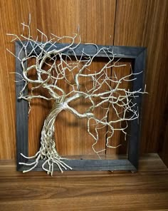 a tree is in a frame on a shelf