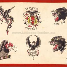 an old school tattoo flash sheet with cats, birds and other tattoos on it's back