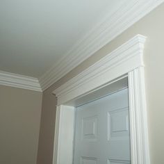 an empty room with a white door and molding on the wall, in front of a mirror