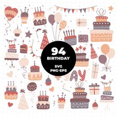 a birthday card with cake, balloons and stars in the background that says 94 birthday svg