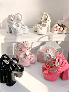 Pink Coquette Heels, White Harajuku Party Heels, Pink Harajuku Heels For Party, Pink Kawaii Closed Toe Heels, Pink Kawaii Heels, Cute High Heels, Pretty Heels, Goth Shoes, Fashion Shoes Heels