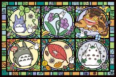 the stained glass window has many different animals on it's sides, including totoro and other characters