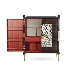 an open cabinet with wood and metal details on the doors, drawers and shelfs