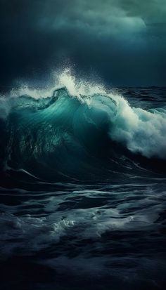 an ocean wave with dark clouds in the background