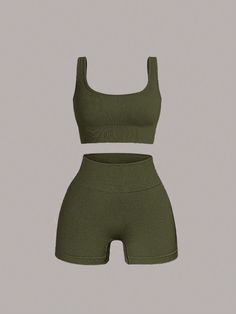 2pcs Military Green Knitted Women Sleeveless Top And Shorts Casual Fitness Set Army Green Casual   Knitted Fabric Plain  High Stretch Summer Women Clothing, size features are:Bust: ,Length: ,Sleeve Length: Summer Sportswear, Army Clothes, Leggings Outfit Casual, Womens Sleeveless Tops, Swimwear Tankini, Fashion Tights, Shorts Casual, Elegant Dresses Long, Leggings Casual