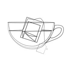 a black and white drawing of a coffee cup with squares on the bottom, in front of it