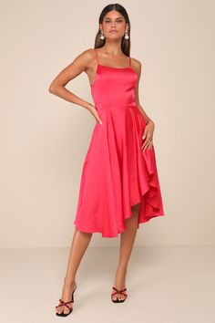 We hope every day can feel like the ones we spend in the Lulus Days Like Today Magenta Satin Asymmetrical Tie-Back Midi Dress! Textured woven satin creates a princess-seamed bodice with an apron neckline and a tying back cutout, supported by adjustable spaghetti straps. High waist tops a flowy midi skirt with an asymmetrical hem. Hidden back zipper/clasp. Fit: This garment fits true to size. Length: Knee to mid-calf length. Size medium measures 35" from adjustable straps to hem. Bust: Great for Magenta Satin Dress, Midi Dress Satin, Flowy Midi Skirt, Asymmetrical Midi Dress, Dresses Xxl, Dress Satin, Satin Dress, Tie Dress, Asymmetrical Hem