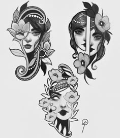 three women's faces with different designs on them