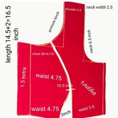 a red apron with measurements for the waist and back