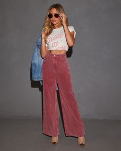 Introducing the Sophia Wide Leg Pants—where romance meets effortless chic. Made from luxe corduroy, these pants drape beautifully with their wide-leg silhouette, offering a blend of sophistication and comfort. The classic 5-pocket styling adds a practical touch while maintaining a polished look. Pair with a delicate blouse for a refined day look or dress up with a statement top for evening allure. Runs large, consider sizing down Corduroy fabric 5-pocket styling Zip fly with button closure 75% C Burgundy Clothes, Burgundy Pants Outfit, Teacher Fits, Colorful Pants, Boho Whimsical, Autumn Palette, Burgundy Pants, Whimsical Fashion, Corduroy Fabric