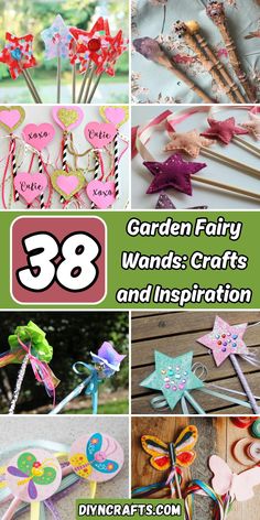 many different crafts and decorations are featured in this collage with the words garden fairy wands crafts and inspiration