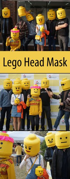 the lego head mask is made out of legos and people are standing around it