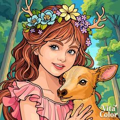 a girl in a pink dress holding a deer