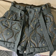 Never Worn. Army Green Shorts With Gold Beaded Details. Pockets And Button Up. Also Ties In The Front. Beaded Shorts, Army Green Shorts, Free People Shorts, Green Shorts, Gold Details, Army Green, High Waist, Button Up, Free People