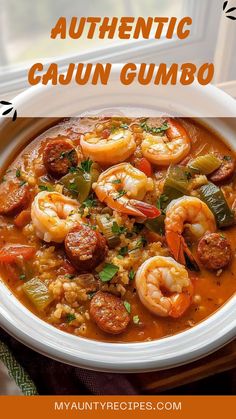 a bowl of authentic cajun gumbo soup with shrimp and jalapenos