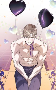 an anime character sitting on the ground with balloons floating above his head and hands behind his back