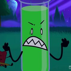 a green tube with an angry face holding a red object in it's hands