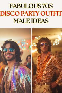 two men in disco party outfits with the words fabulous 70s disco party outfit male ideas