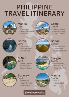 the philippines travel itinerary is shown in this graphic style, with different destinations and their