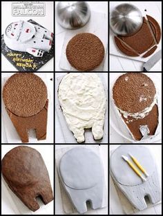 there are many pictures of different cakes and icing on the cake pans, including one being frosted