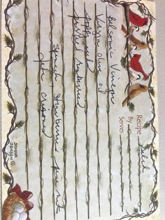 a piece of paper with writing on it that is decorated with birds and pine branches