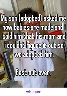 a young boy in white shirt standing next to a refrigerator with the words my son adopted asked