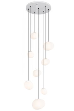 five light chandelier with white glass balls hanging from the ceiling