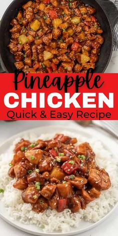 pineapple chicken with white rice in a skillet and on the side is an image of