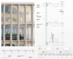 an architectural drawing shows the interior and exterior of a building with glass walls, windows, and balconies