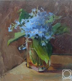 a painting of blue flowers in a glass vase on a brown tablecloth with a wooden background