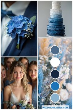 blue and white wedding color palettes for the bride's bouquet, bridal gown