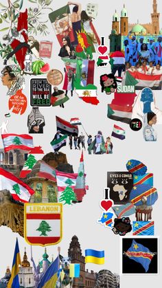 the collage shows many different flags and symbols in various countries, all with their names on them