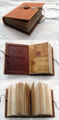 an old book is sitting on a table next to another open book, and the pages are lined up