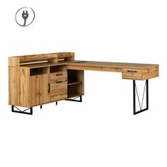 a wooden desk with metal legs and drawers