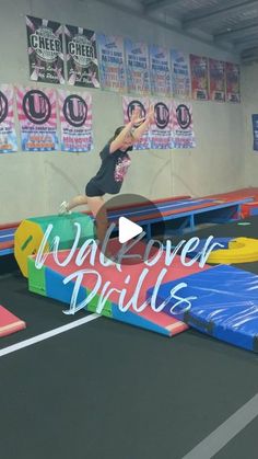 a woman is jumping over obstacles in an indoor trampoline course with the words wallover drills written on it