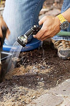 a man is watering his dog with a hose