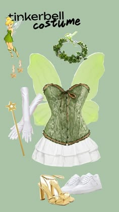 a green corset with gold shoes and accessories on the bottom, along with other items