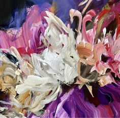 an abstract painting of pink and white flowers