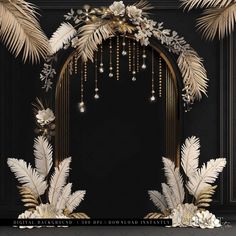 a black and gold wedding arch with white flowers, feathers and jewels hanging from it