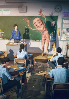 a classroom with children sitting at desks in front of a chalkboard drawing of a human being drawn on the wall