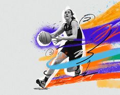 a basketball player is going to pass the ball in front of an orange and blue background