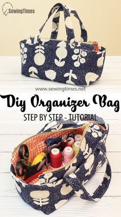 the diy organizer bag is made from an old tote bag and has sewing supplies inside