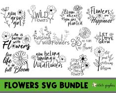 the flowers svg bundle is shown in black and white