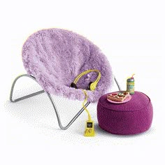 a purple chair sitting next to a foot stool with a yellow cord on the seat