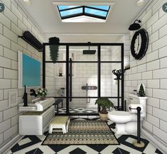 this bathroom has black and white tiles on the floor, walls, and ceilinging