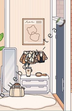 an illustration of a room with clothes hanging on the wall and a suitcase in front of it