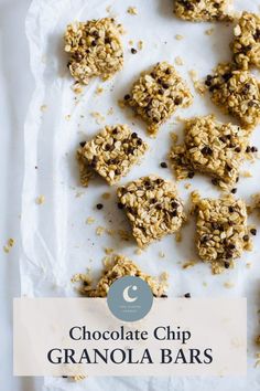 chocolate chip granola bars on a sheet of parchment paper with the words chocolate chip granola bars