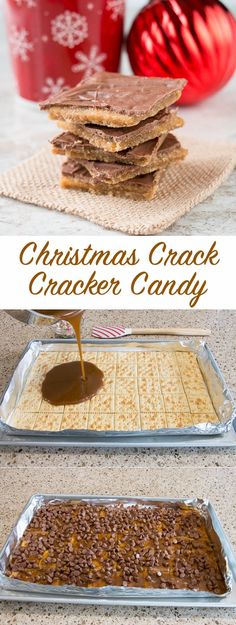 christmas cracker candy is being poured onto the pans and placed on top of each other