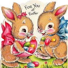 an easter card with two bunnies holding eggs in front of the caption for you at easter