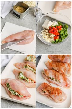 the process shots show how to cut chicken and put it on a cutting board with other ingredients